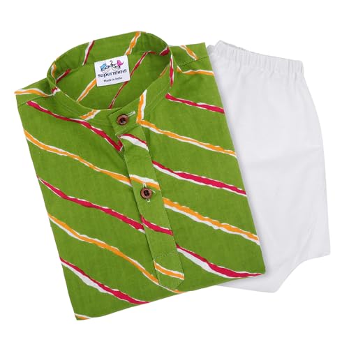 Image of superminis Cotton Boys Sanganeri Lehariya Printed Kurta Set with White Pyjama Elastic Closure