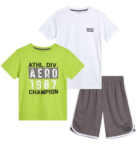 Image of AEROPOSTALE Boys Active Shorts Set - 3 Piece Short Sleeve Active Jersey Tees and Performance Jersey Dolphin Shorts (8-12)