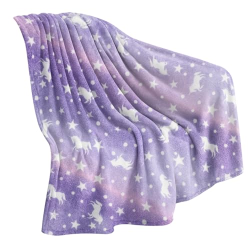 Image of Glow-in-The-Dark Polar Fleece Blanket for Kids - Soft Lightweight Single Bed Blanket (200x152 cm) | All-Season Jacquard Print, Assorted Multicolor - Unicorn Design (Purple)
