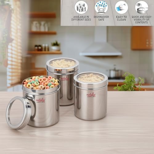 Image of NATULIX 1 Kg Stainless Steel Containers for kitchen with See Through Lid | Kitchen Containers Set | Silver (1250ml - 6pcs) Food Grains Capacity - 1kg Approx.