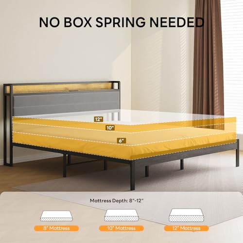 Image of LIKIMIO King Size Bed Frame, Storage Headboard with LED Lights and Charging Station, Metal Platform Bed No Box Spring Needed, Noise Free, Under Bed Storage, Charcoal Gray