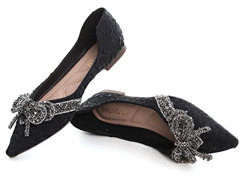 Sailing Lu Cute Bowknot Ballet Flats For Women Pointed Toe Crystals Dress Shoes Comfort Light Weight Loafers Black Size 8.5 #TOP2
