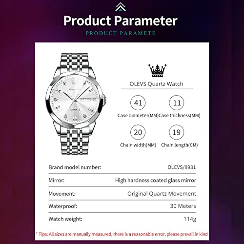 Olevs Silver Watches For Men Diamond Mirror Dress Casual Wrist Watch Large Dial Classic Quartz Men's Watches Roman Numbers Calendar Waterproof Watch For Men Stainless Steel Reloj Hombre #TOP6