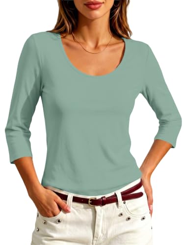 Image of Meetrendi Women 3 /4 Sleeve Scoop Neck Top Cotton Slim Fit Basic T-Shirt | Premium cotton blend, Sleek Scoop Neck, Versatile basic tee, Wear to work, Casual, Layering, Medium-weight, Breathable