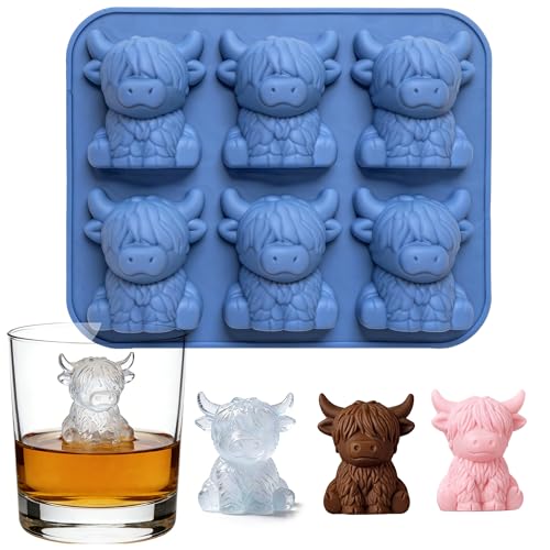 Mini Highland Cow Ice Cube Mold 6-Cavity Silicone Ice Cube Tray Cute Highland Cow Gifts for Women Men Novelty Home Bar Gifts for Whisky Cocktails Coffee Drinks