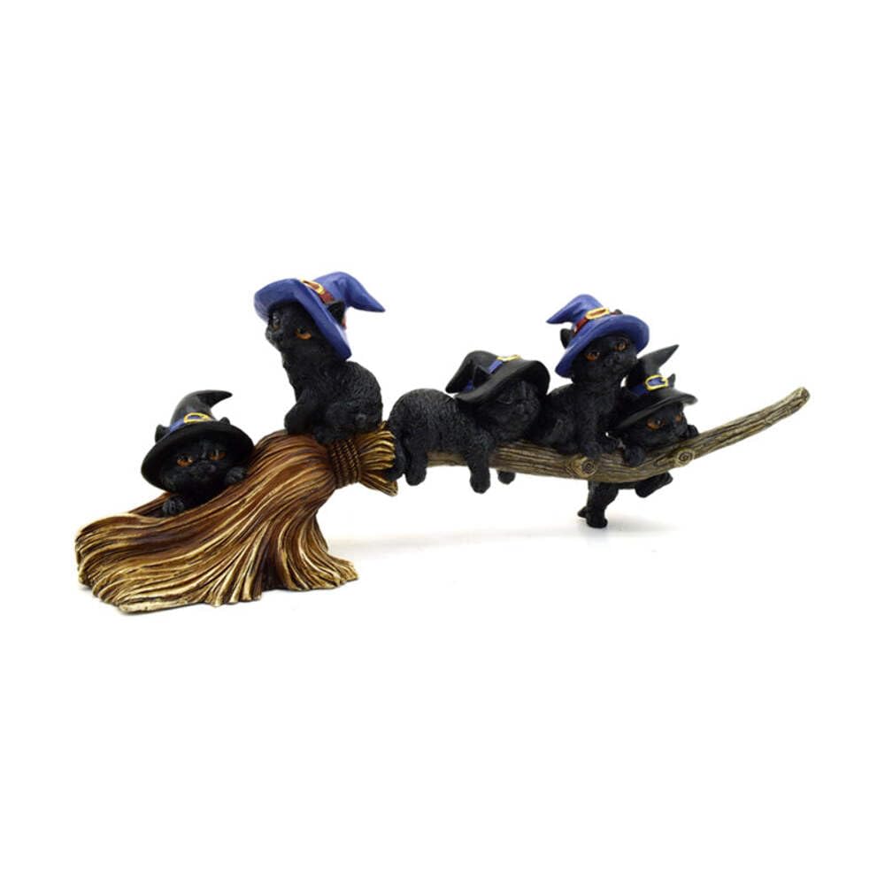 Puckator Witches Black Cat Playing on Broomstick, Ornaments For The Living Room Home, Gothic Witch Gifts