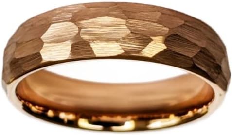 18K Rose Gold Ring Tungsten Wedding Bands Womens Ring 6mm Rose Gold Hammered Rings Thin Tungsten Rings for Men Unique Anniversary Gifts for Him
