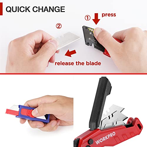 Workpro Folding Utility Knife, Quick Change Box Cutter, Razor Knife For Cartons, Cardboard, Boxes, Blade Storage In Aluminum Handle, 13 Extra Blades Included (Red) #TOP6