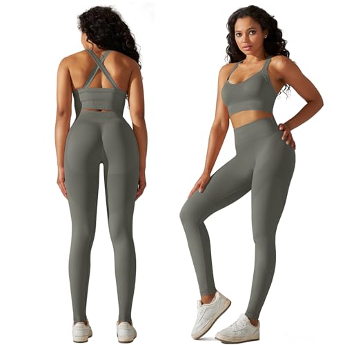 Listado de Conjuntos deportivos para Mujer , tabla con los diez mejores. 41 QDJOY Conjunto de entrenamiento para mujer, conjunto de entrenamiento sin costuras de 2 piezas, camisola cruzada, leggings de cintura alta, transpirable y de gran elasticidad