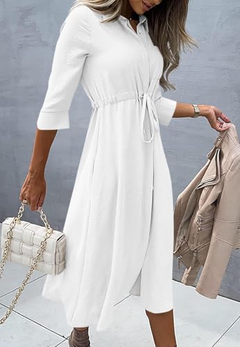 Image of Febriajuce Women's 3 /4 Sleeve Midi Dress Casual Drawstring Belted Round Neck Plain Tie Waist Loose High Waist Long Dress