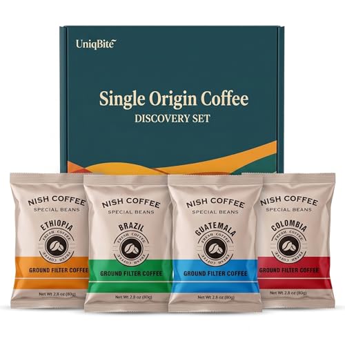 UNIQBITE Single Origin Ground Coffee Discovery Set, Arabica Coffee Sampler in a Giftable Box, Small Batch Roasted Coffees from Brazil, Colombia, Ethiopia, Guatemala, 11.2 Oz (320 g)