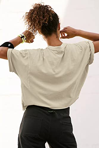 Image of HUGOOME Womens Oversized Workout Crop Top Casual Short Sleeve Boxy Roll Hem | Basic Half Split Sleeve Drop Shoulder Loose Yoga Running Gym Tee Cropped T-shirt Solid Trendy Relaxed Daily Tee