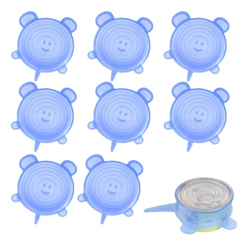 8 Stück Silikondeckel Dehnbar, Silikondeckel Joghurtbecher, Silikon Deckel Universal Dehnbar, 6.5 cm, Blau, für Schüsseln, Honiggläser, Feinkostgläser, RundeBecher, Dosen