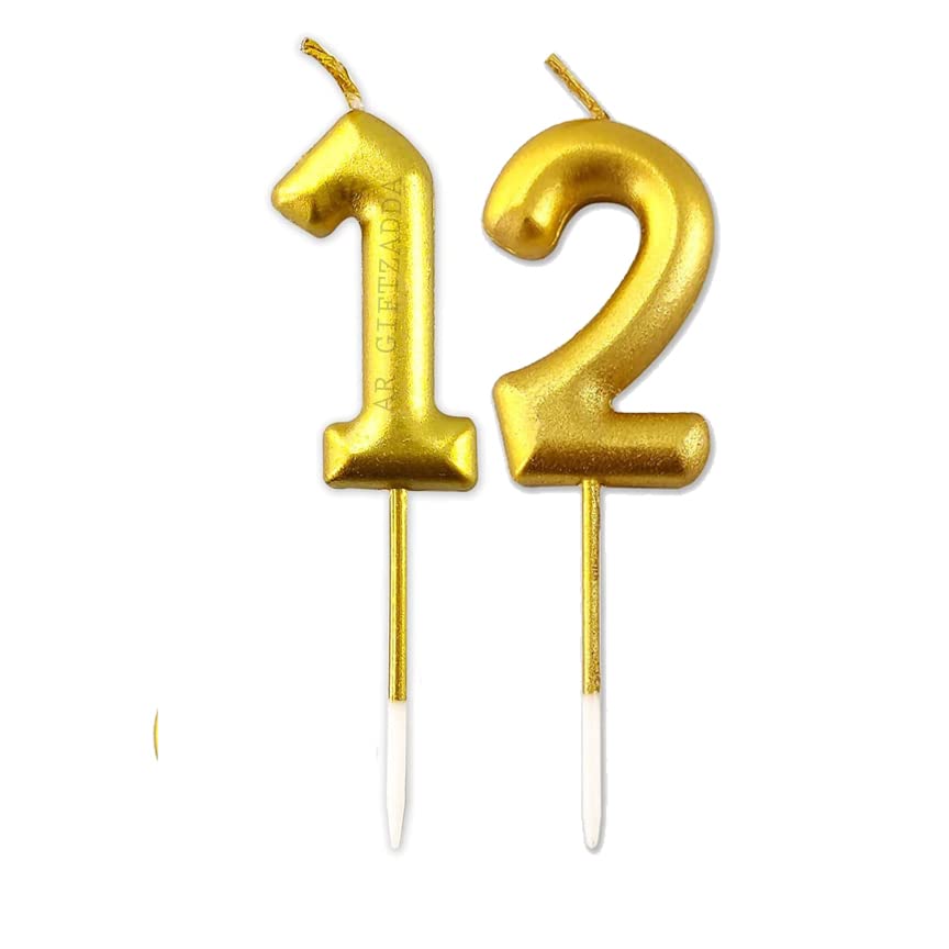 Image of AR Giftzadda 12 Number Golden Chrome Candle Cake Topper for 12th Birthday /Anniversary Party Celebrations (12 Number Gold Chrome Candle)