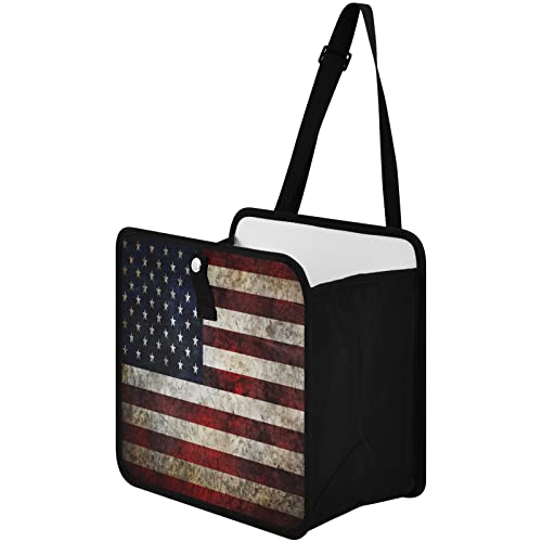 Image of American Flag Vintage Car Trash Can Foldable Hanging Car Trash Bag Bin Auto Garbage Can Leak-Proof Car Organizer(Large)