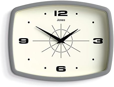 JONES CLOCKS® Movie Retro Wall Clock - Square Clock - Rectangular Clock - Kitchen Clock - Office Clock - Retro Clock - Designer Clock - Colourful Case - Arabic Numerals (Pepper Gray)