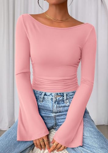 Image of PRETTYGARDEN Women Long Sleeve Shirt 2025 Crop Casual Boat Neck Bell Sleeve Ribbed Ruched Y2K Clothing