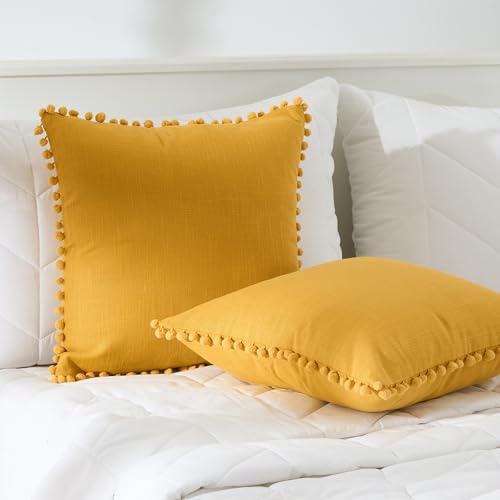 Image of 100% Cotton Pom Pom Cushion Without Filler, Elegant & Modern Cushion Cover for Living Room, Square Shape, 16 inchx16 inch, uni slub, Set of 5 - Mimosa