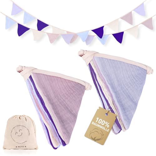 MutoToy® 2 stuks vlaggetjesslinger voor kinderkamer, 2,7 m, stof van mousseline katoen, slinger kinderkamer, decoratie voor huisbed, babybed, kinderbed, babykamer, wanddecoratie (paars)