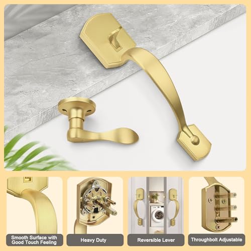 Image of Probrico Front Door Handle,Brushed Gold, Heavy Duty Exterior Door Handle with Reversible Lever, Satin Gold Entry Lock Grip Handle with Wave Lever, Keyless Door Locks in Camelot Look, 1Pack