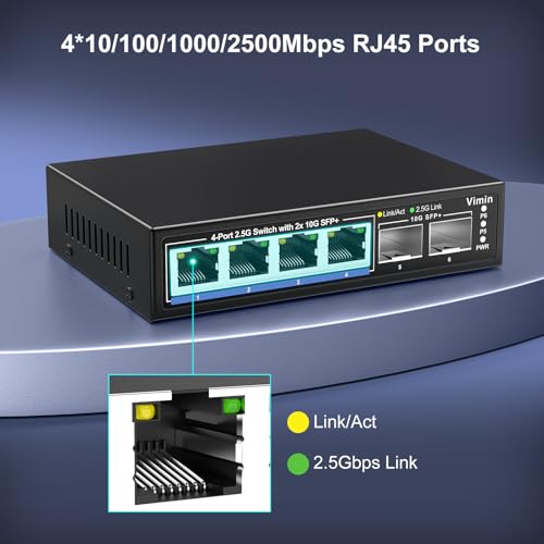 Image of 6 Port 2.5G Unmanaged Network Switch, VIMIN 4X 2.5Gbase-T Ports, 2X 10G SFP+ Port, 60Gbps Switching Capacity, IEEE802.3, Metal Housing, Fanless, Work for 2.5Gbps NAS, Wireless AP & PC