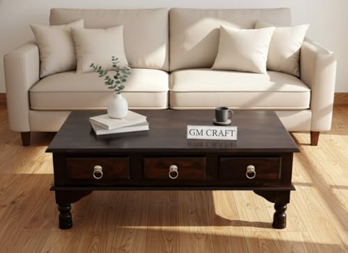 Image of Sheeshsam Wooden Center Coffee Table with Drawers - Solid Wooden Coffee Table for Living Room - Tea Table Teapoy Center Piece for Home Sofa Center Table for Living Room (Walnut, Ryan)