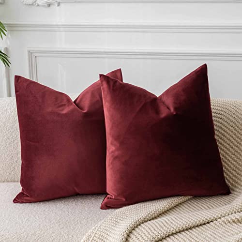 Image of JUSPURBET 28x28 Decorative Velvet Throw Pillow Covers Set of 2,Burgundy | Cozy Soft Euro Cushion Covers Cases with Hidden Zipper for Couch Sofa Bed Living Room Bedroom Christmas Decor