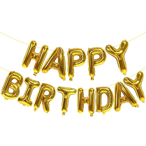 Gold Happy Birthday Balloons Banner,16 Inch Mylar Foil Letters Sign,Reusable Balloons for Women, Men, Boys & Girls Birthday Decorations Party Supplies
