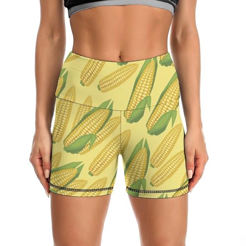 Fresh Ripe Corn Cobs Pattern High Waist Yoga Shorts for Women Athletic Shorts Leggings Running Pants Black