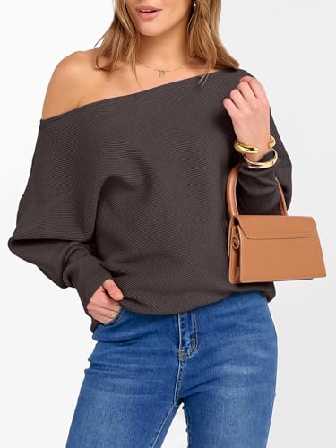 Image of ANRABESS Womens Off Shoulder Sweaters 2026 Fall Long Batwing Sleeve Loose Fit Knit Tops Casual Pullovers Jumpers