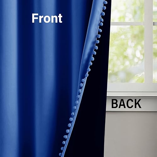 Abstractex Pom Pom Royal Blue Blackout Curtains for Bedroom 90 inch Length Energy Saving Thermal Drapes for Living Room Eyelet Window Treatment Curtain Sets for Men Boys Guest Room 54" W 2 Panels - Image 4