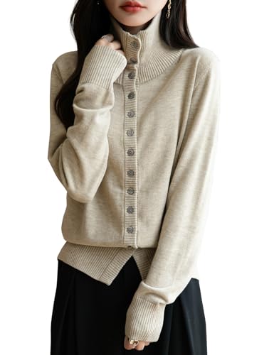 Ciovkis Mujer Lana Merino Mezcla Cárdigan 2025 Otoño Invierno con Cuello Alto Manga Larga Botones Cárdigan De Punto (Apricot5014,M)