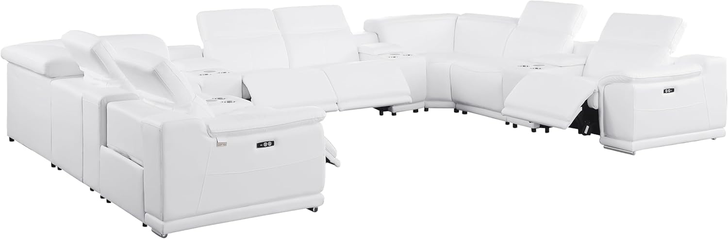 BlackJack Furniture Venice 12-Piece Top Grain Italian Leather Sectional Reclining Sofa Set with 4 Power Recliners, Adjustable Headrests, USB and Wireless Phone Charger and Console Storage, White
