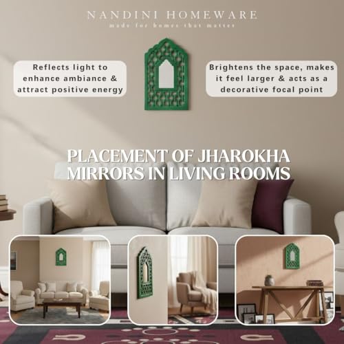 Image of Handcrafted Traditional Green Mughal MDF Wooden Mirror Jharokha Wall Art | Mughal-Inspired Boho Vintage Style Decorative Wall Hanging for Living Room & Home Interiors (Green Mughal)