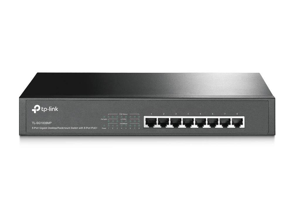 TP-Link PoE Switch 8-Port Gigabit, 8 802.3af/at PoE+ Ports up to 30 W for Each PoE Port and 153 W for All PoE Ports, Metal Casing, 13 inch RackMount/Desktop(TL-SG1008MP)