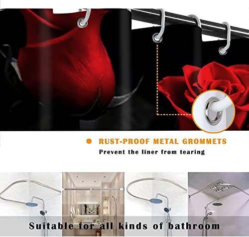 4PCS Red Rose Shower Curtain Sets with Non-Slip Rugs,Toilet Lid Cover and Bath Mat Waterproof Polyester Fabric Shower Curtains for Bathroom with 12 Hooks Three Red Rose Bathroom Decor Sets 71"x71"