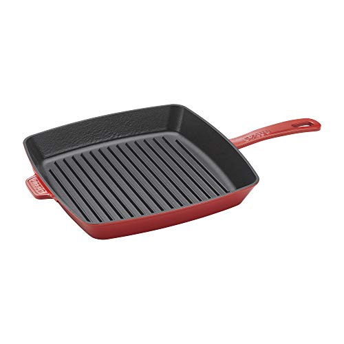 Staub Sartén cuadrada de hierro fundido de 12 pulgadas, color cereza, fabricado en Francia