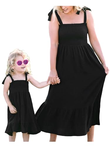 Mommy and Me Dresses Matching Outfits Family Solid Color Tie-Up Spaghetti Strap Long Dress for Mother and Daughter