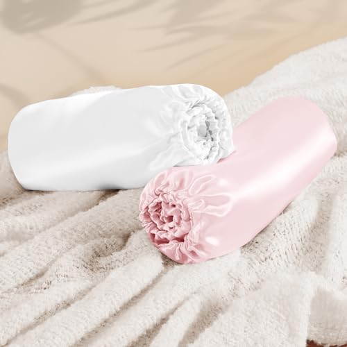 Image of Entisn 28x52 Satin Fitted Crib Sheet 2 Pack, White and Baby Pink | 8-Inch Deep Pocket Snug Fit, Silky Satin Protects Hair And Skin, No-Slip Reinforced Edges, Machine Washable Fade-Resistant