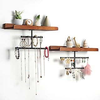 TJ.MOREE Set of 2 Hanging Jewelry Organizer Wall Mounted(40 Hooks), Rustic Jewelry Storage with Wood Shelf Ledge, Metal Trinket Holder Display for Necklaces Earrings Bracelet Ring - Brown