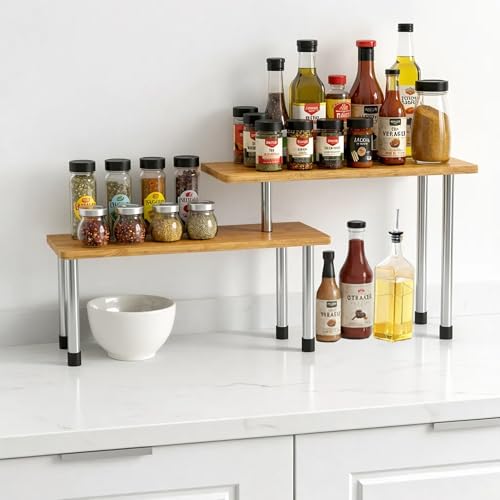 Image of ABJA Premium Kitchen Counter Top Organizer, Shelf Rack for Kitchen Storage, Wooden Corner Shelf, 2 Tier Spice, Oil Stand, Tabletop Adjustable Rack (Golden Brown, 2 Tier)