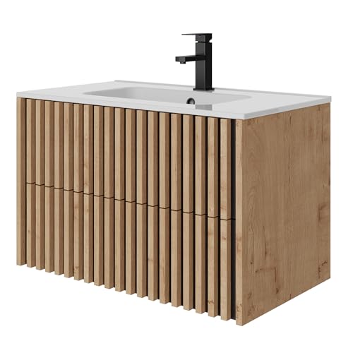 UEV Waschtisch mit Unterschrank, Waschbeckenunterschrank 80cm hängend, Waschplatz, Keramik Waschbecken, Badezimmmer Möbel für Gäste WC, Badmöbel Set, Natur