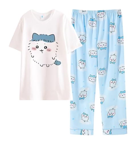 Satdflie Cartoon Printed Pajamas for Women Girls 2 Piece Lounge Sets Cotton Sleepwear Short Sleeve T Shirt and Pants Pjs Set, Blue/4, XXL