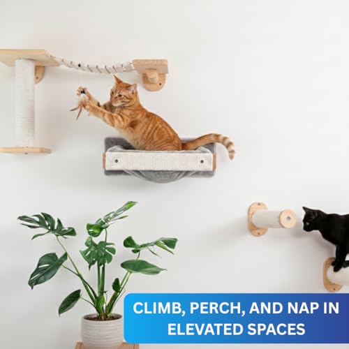 Image of Wall-Mounted Cat Perch with Scratching Post, Plush Cushion, Beige and Grey, Space-Saving Hammock Bed, (24X6 INCH) FURR- 151 (Grey)