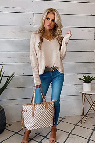 Niceyi Women's Casual Knitwear Pullover Sweater Soild Color V-Neck Loose Long Sleeve Knit Jumper Tops (Beige,Small,Small) #TOP5