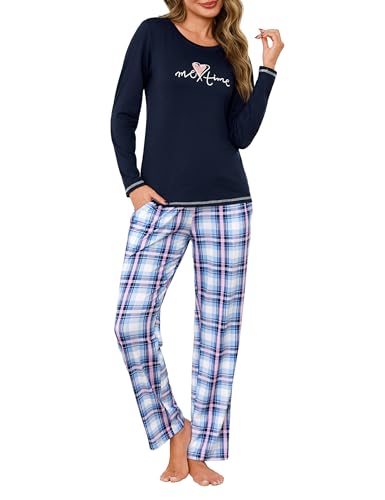 Leversic 2 Piezas Conjunto Pijama Mujer Invierno Camiseta de Manga Larga Algodón con Cuello Redondo y Estampado Divertido Pantalones de Pijama de Cuadros con Bolsillos S-XXL(Azul Marino,L)