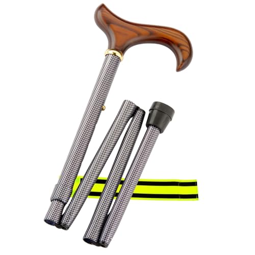 Gastrock Techno - Bastón Plegable de Aluminio con Mango Derby de Madera Dura, soporta hasta 100 kg + Correa Olanmarp con Rayas