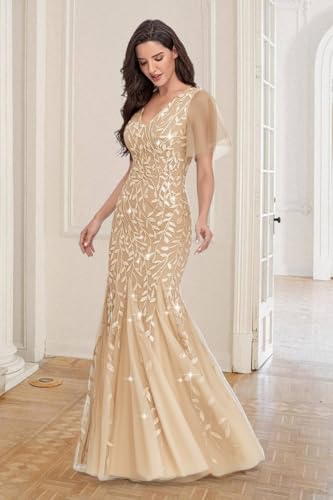 Women‘s Formal Dress Sparkly Sequin Tulle V Neck Bodycon Ruffles Sleeve Mermaid Evening Party Long Dresses4