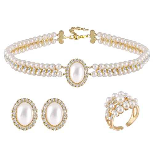 WINSENET Pearl Choker Necklaces For Women Faux Pearl Costume Jewelry Set with Necklace Earrings Ring for Wedding Bridal Birthday Party