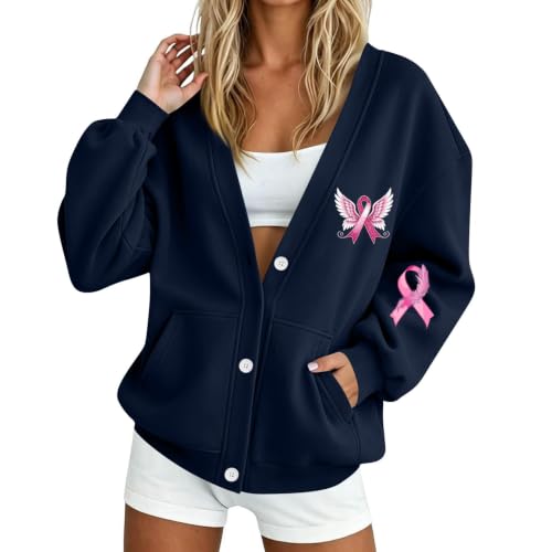 Breast Cancer Awareness Sweatshirts for Women Button Down Open Front Jacket